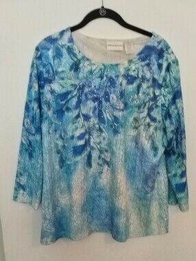 Alfred Dunner Blue Floral Print Long Sleeve Top with Rhinestones